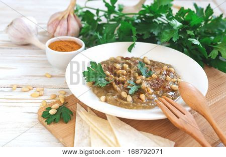 Baba Ganoush - Traditional Arabian Eggplant Dip With Flat Bread