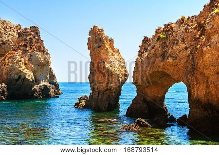 Algarve coastline in Portugal. Rocks and Sea in Lagos, Algrave, Portugal