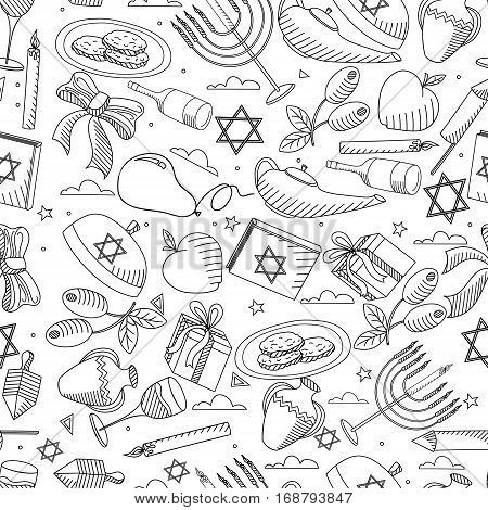 Hanukkah line art design vector illustration seamless coloring book. Separate objects. Hand drawn doodle design elements.