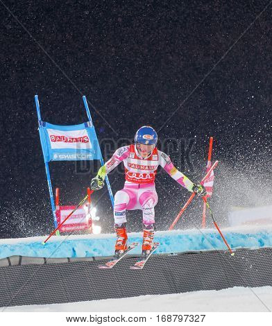 STOCKHOLM SWEDEN - JAN 31 2017: Mikaela Shiffrin (USA) makes a spectaculare jump in the downhill skiing parallel slalom event at the Alpine Audi FIS Ski World Cup. January 31 2017 Stockholm Sweden