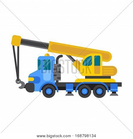 Crane urban house architecture and exterior house built. Lifts concrete slab construction vector. Engineering business equipment tall industrial technology.