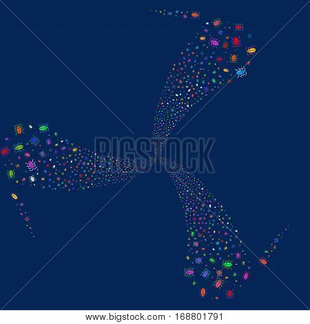 Cucaracha fireworks swirl rotation. Vector illustration style is flat bright multicolored iconic symbols on a blue background. Object whirl organized from random design elements.