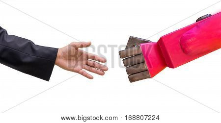 Man Hand  Handshake With Cy-ber Robot Isolated On White Background