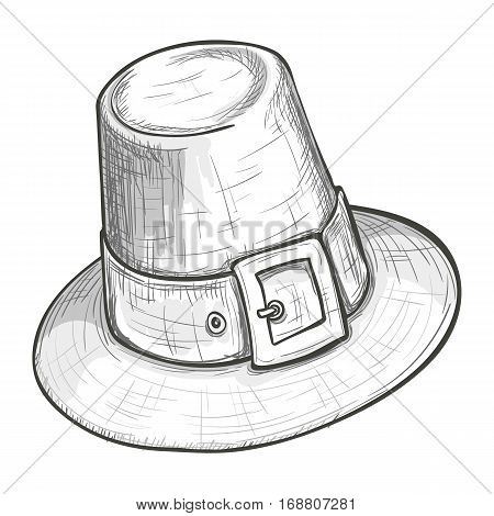 Monochrome sketch style illustration of pilgrim hat with buckle Thanksgiving Day symbol. Vector.
