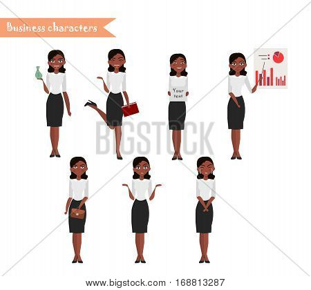 African American character for scenes. Funny office woman cartoon.Vector illustration isolated on white background. Emoji face icons
