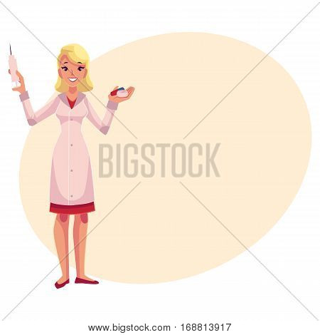 Smiling female anesthetist doctor holding syringe in one hand and pills in the other, cartoon vector illustration on background with place for text. Female anesthesiologist, healthcare professional
