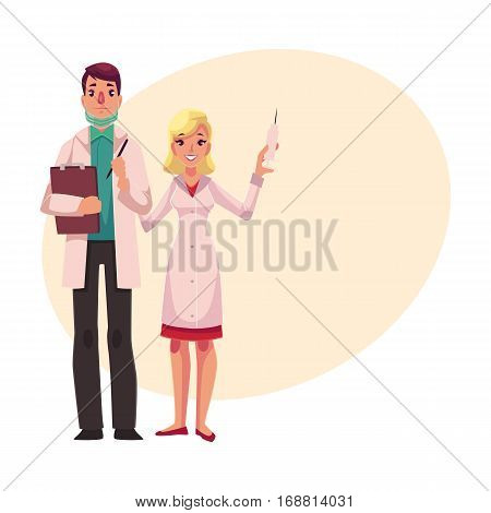 Doctor holding clipboard and anesthetist with syringe and pills, cartoon vector illustration on background with place for text. Male doctor and female assistant, anesthetist, health care professionals