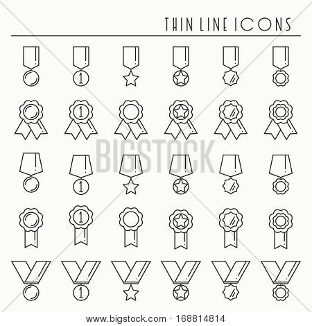 1st place gold medal award with ribbon collection. Winner line icons set. First place leadership champion achievement. Vector isolated illustration. Flat design. Success symbols. Object. Sign