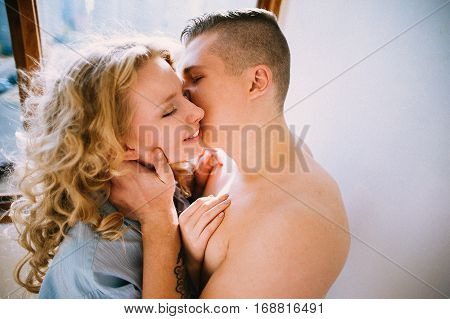Happy couple in love in the morning, tender atmospere, relationships