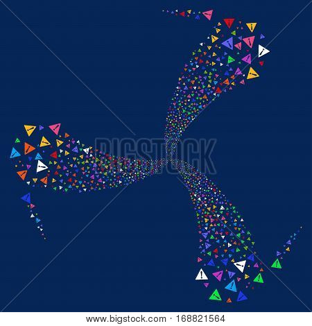 Warning fireworks swirl rotation. Vector illustration style is flat bright multicolored iconic symbols on a blue background. Object whirlpool made from random design elements.