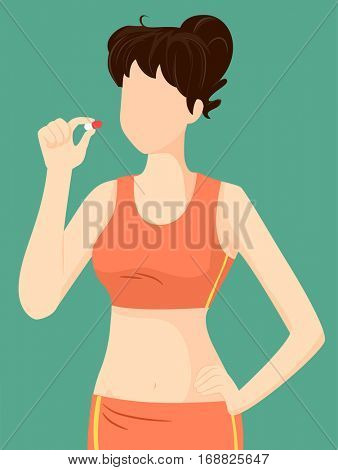 Illustration Featuring a Young Woman in a Midriff Top and Exercise Shorts Holding a Dietary Pill
