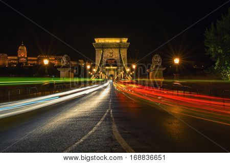Scenic night view of the famous Szechenyi lanchid - Chain Bridge - in Budapest Hungary with