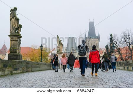 Prague, Czechia - November, 21, 2016: monument on Charles bridge in a center of Prague, Czechia