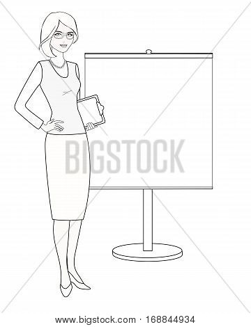 Specialist in public relations is standing next to the stand. Coach, teacher, professional employee, stand attendant, businesswoman, etc. Isolated on white. Linear, flat vector. White-black variation.