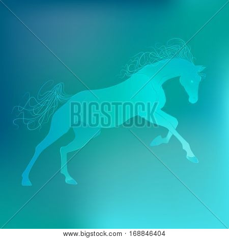 Brightly glowing vector illustration of a galloping horse. Juicy blue aquamarine background