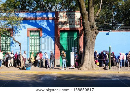 MEXICO CITY,MEXICO - DECEMBER 24,2016 : The Frida Kahlo Museum also known as The Blue House at Coyoacan in Mexico City