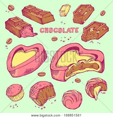 Vector set of colored hand-drawn sketches bitten chocolates. Sweet rolls, bars, glazed, cocoa beans.