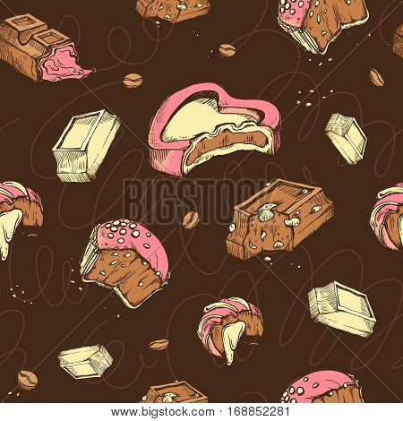 Vector seamless pattern of colored hand-drawn sketches bitten chocolates. Sweet rolls, bars, glazed, cocoa beans.