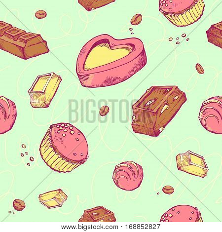 Vector seamless pattern of colored hand-drawn sketches chocolates. Sweet rolls, bars, glazed, comfit, cocoa beans.