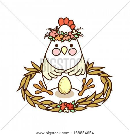 Cute chicken with egg sitting in the nest - freehand drawing