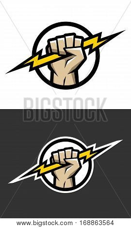 Hand holding a lighting Bolt. Symbol logo.