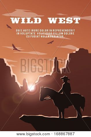Silhouette of cowboy on the background of the wild west. Poster vector background.