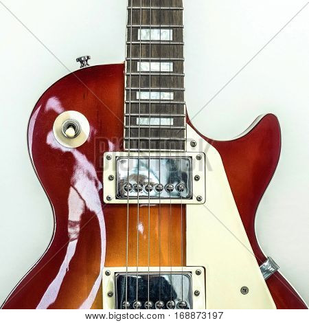 Rock guitar. Close-up view part of guitar, very popular musical instrument of the world.