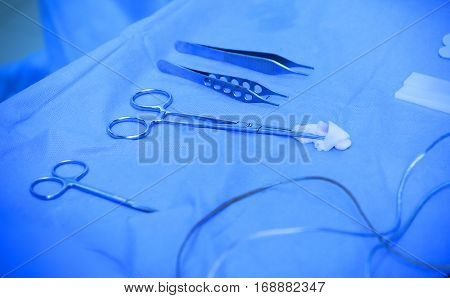 Set of medical instruments on table in clinic