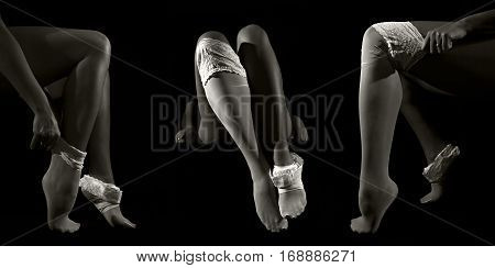 Low key photo triptych of sexy woman put on her white nylon stockings on long fit legs against dark background