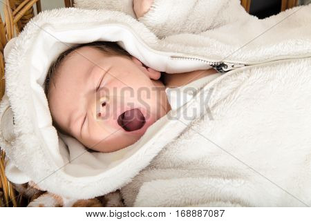 Babe Lies in the Cradle. Image of Child Room with Wooden Crib. Adorable Baby Asleep in His Cradle Sweet Yawning Drowsiness Exhaustion.