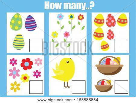 Counting educational children game kids activity worksheet. How many objects task easter theme. Learning mathematics numbers addition theme