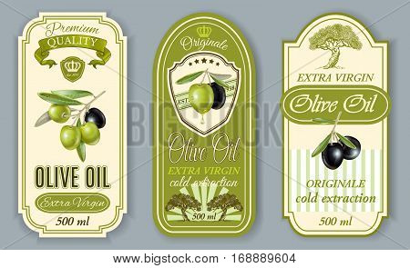 Vector vintage style oilve oil labels set. Elegant design for olive oil packaging. Only free fonts used. Font names included in the layers