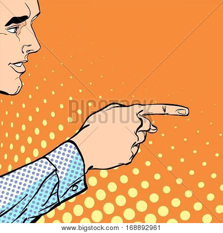 A male hand with forefinger. A man pointing a finger. A man explaining something. Businessman giving advice. Concept idea of advertisement and promo. Halftone background.