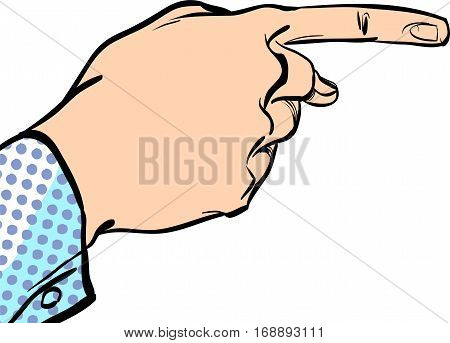A male hand with forefinger. A man pointing a finger. A man explaining something. Businessman giving advice. Concept idea of advertisement and promo. Halftone background.