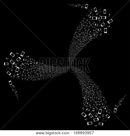 Smartphone fireworks swirl rotation. Vector illustration style is flat white iconic symbols on a black background. Object twirl combined from random pictographs.