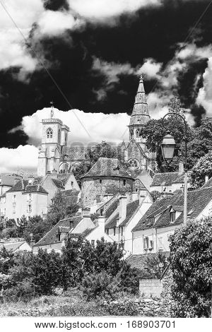 Picturesque medieval town of Semur en Auxois Burgundy France. Black and white foto.
