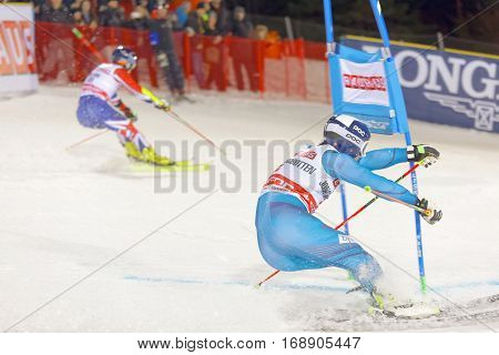 STOCKHOLM SWEDEN - JAN 31 2017: Jonathan Nordbotten (NOR) and competitor fighting in the parallel slalom alpine ski event Audi FIS Ski World Cup. January 31 2017 Stockholm Sweden