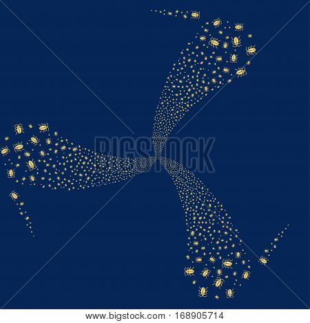 Cucaracha fireworks swirl rotation. Vector illustration style is flat yellow iconic symbols on a blue background. Object whirl organized from random pictograms.