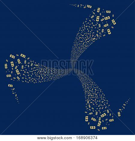 Digits fireworks swirl rotation. Vector illustration style is flat yellow iconic symbols on a blue background. Object twirl combined from random symbols.