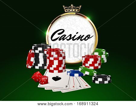 Round casino golden frame with crown stack of poker chips ace cards and red dice on green background. Online club emblem