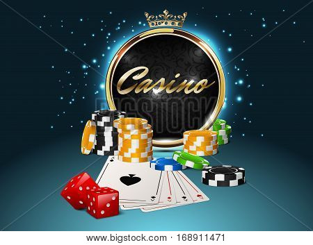 Round casino golden frame with crown stack of poker chips ace cards and red dice on light effect sparks background. Online club emblem