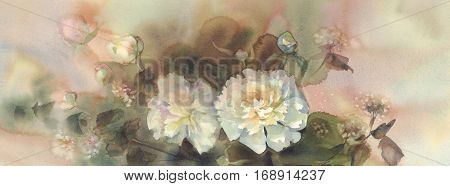 Bouquet of white peonies watercolor illiustration. Wedding card. Summer bloom.