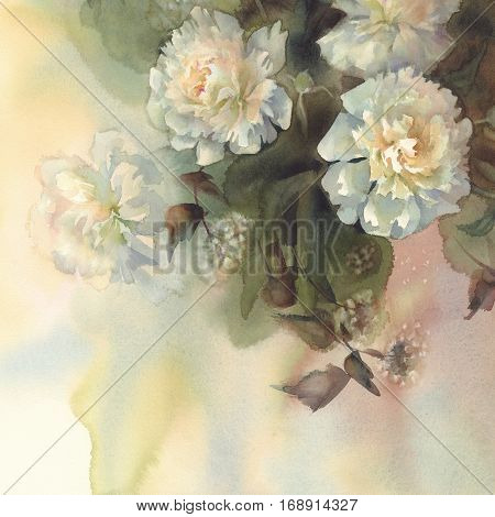 Bouquet of white peonies watercolor illiustration. Wedding card. Summer bloom.