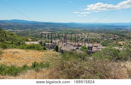Top view of the rooftops of the small village Mirabel and the valley of the Ardèche region in France