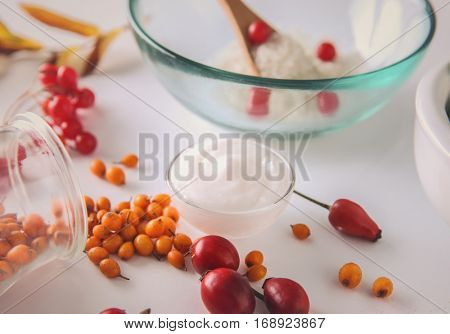 Natural ingredients for homemade cosmetics on white background, closeup