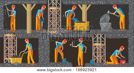 Coal extraction industry horizontal banners with working miners different equipment and tools in flat style vector illustration