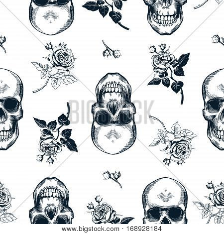 Grunge seamless pattern with monochrome human skulls in woodcut style and black and white wild roses on background. Vector illustration for wallpaper, textile print, wrapping paper.