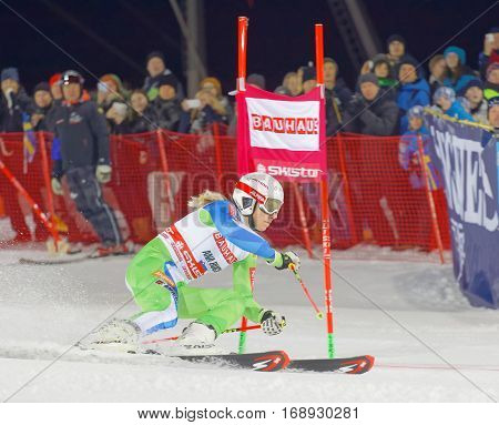 STOCKHOLM SWEDEN - JAN 31 2017: Ana Bucik (SLO) in the parallel slalom downhill skiing at the Alpine Audi FIS Ski World Cup. January 31 2017 Stockholm Sweden