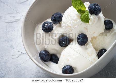 Vanilla Ice Cream with blueberries in bowl Summer  refreshing dessert. Closeup