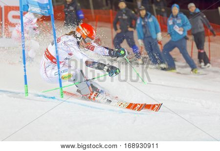 STOCKHOLM SWEDEN - JAN 31 2017: Side view of Petra Vihova (SVK) in the parallel slalom downhill skiing at the Alpine Audi FIS Ski World Cup event. January 31 2017 Stockholm Sweden